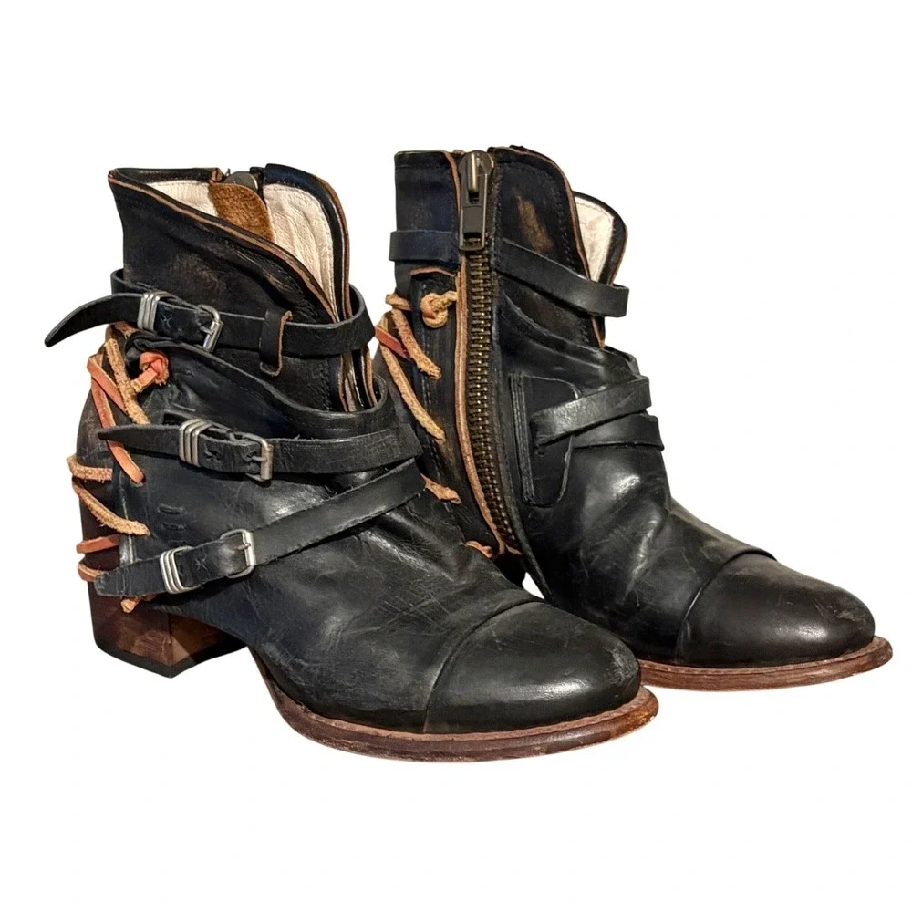 Freebird by Steven Crue Black Leather Multi Strap Distressed Ankle Boots Size 8